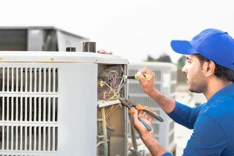 A technician in a blue uniform and cap performs HVAC repair using a screwdriver and pliers to fix the electrical wiring inside a large outdoor air conditioning unit.