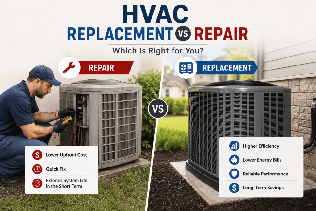 An infographic comparing HVAC repair and HVAC Replacement, showing a technician working on a unit next to a new unit, with lists of benefits for each choice.