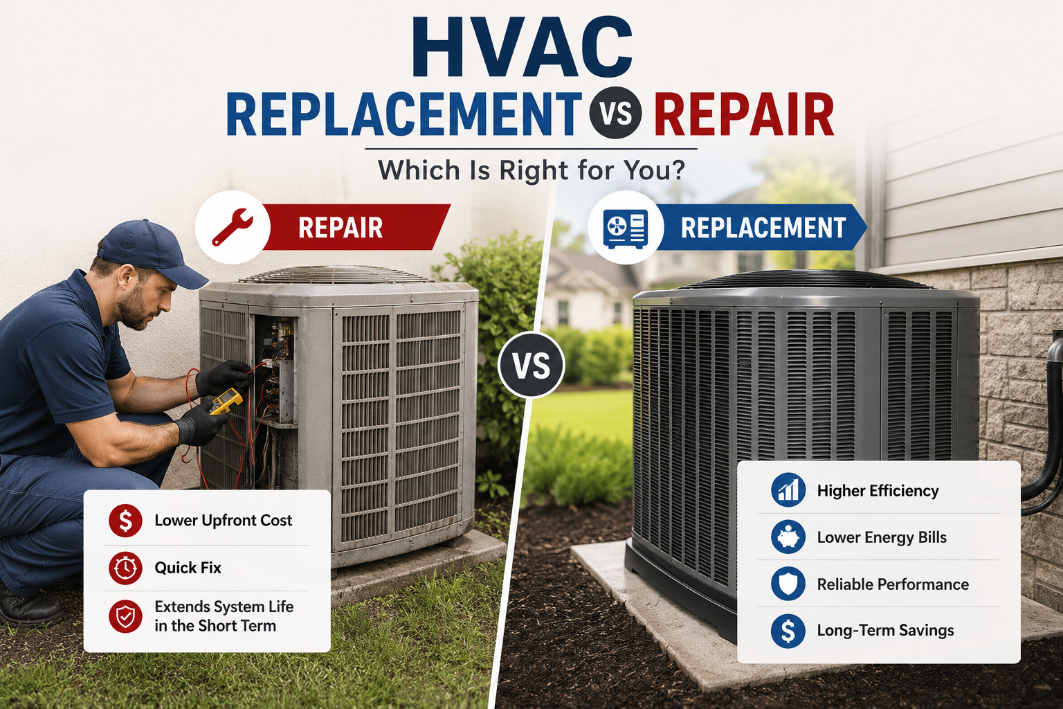 An infographic comparing HVAC repair and HVAC Replacement, showing a technician working on a unit next to a new unit, with lists of benefits for each choice.