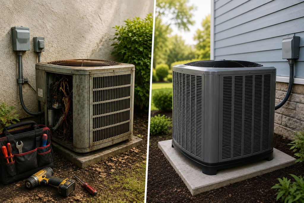 A split-screen comparison of an old, weathered HVAC unit with tools nearby on the left and a new HVAC Replacement unit installed on the right side.
