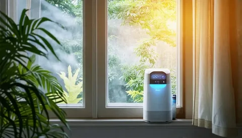 White air purifier with a glowing blue light beside a green potted plant on a sunny windowsill to improve indoor air quality.