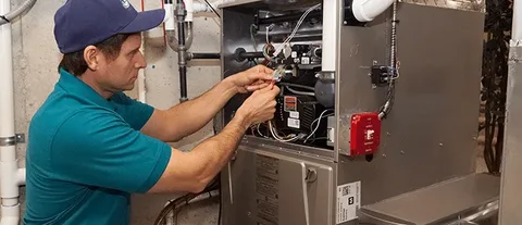 Technician performing Furnace Repair vs Replacement assessment while adjusting wiring inside an open equipment cabinet during maintenance.